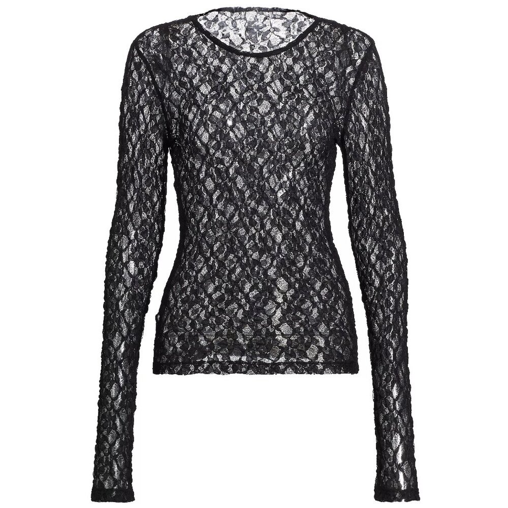 Nally & Millie Sheer Mesh Lace Top Long Sleeve Round Neck Pullover Sexy Sz M